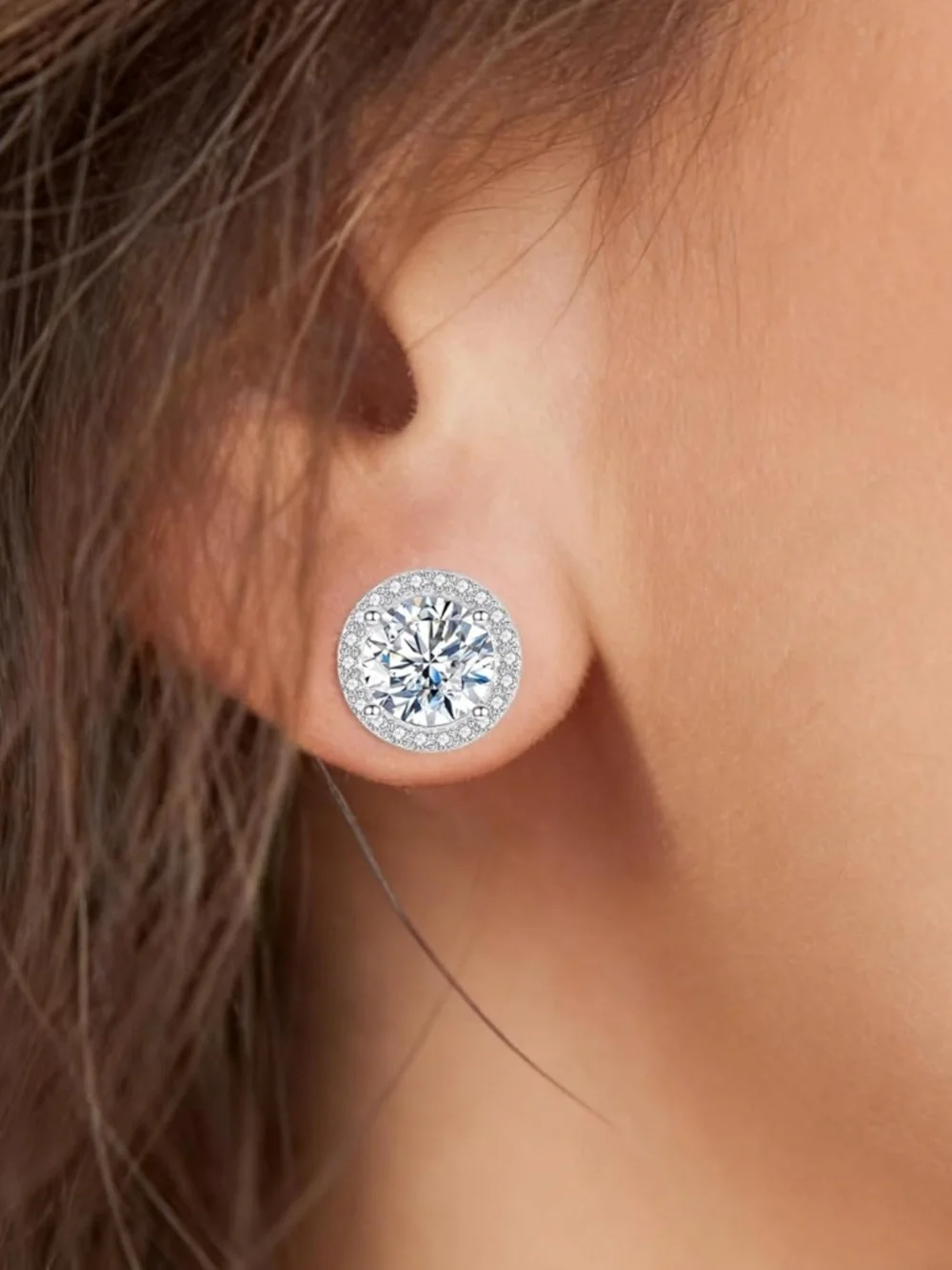 Sterling Silver Halo Round Cubic Zirconia Stud Earrings - White - Picture 2 of 4